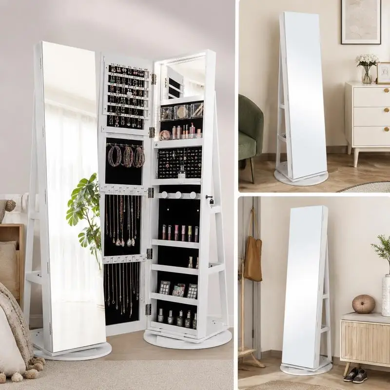 Freestanding Jewelry Armoire with 360 Degree Swivel Full Length Mirror, Led Lights, Lockable Mdf Cabinet with Velvet Lining, Multi Compartment Storage for Home and Shop Display, White