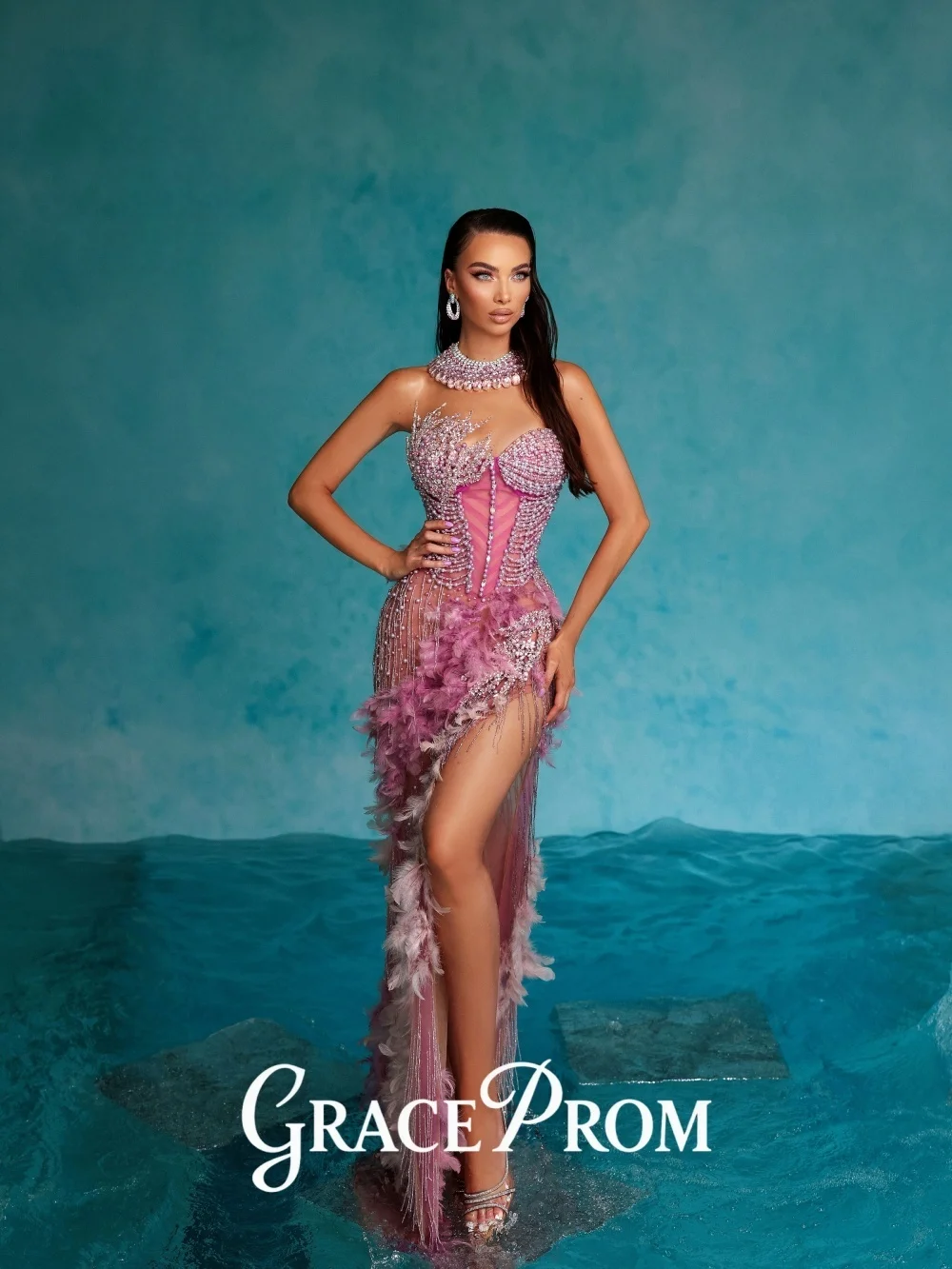 레이스프롬 화려한 핑크빛 이브닝 드레스 2026 라인스톤 장식 카펫 가운 섹시한 A라인 플로어 길이 파티 가운