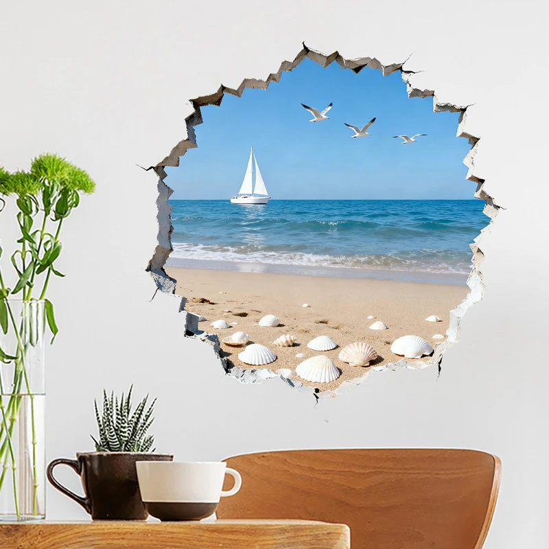 Wall Hole Art Sunny Sea View Mural Sandy Beach Shell Blue Waves Sailboat Seabird PVC Stickers for Aesthetic Room Home Decoration