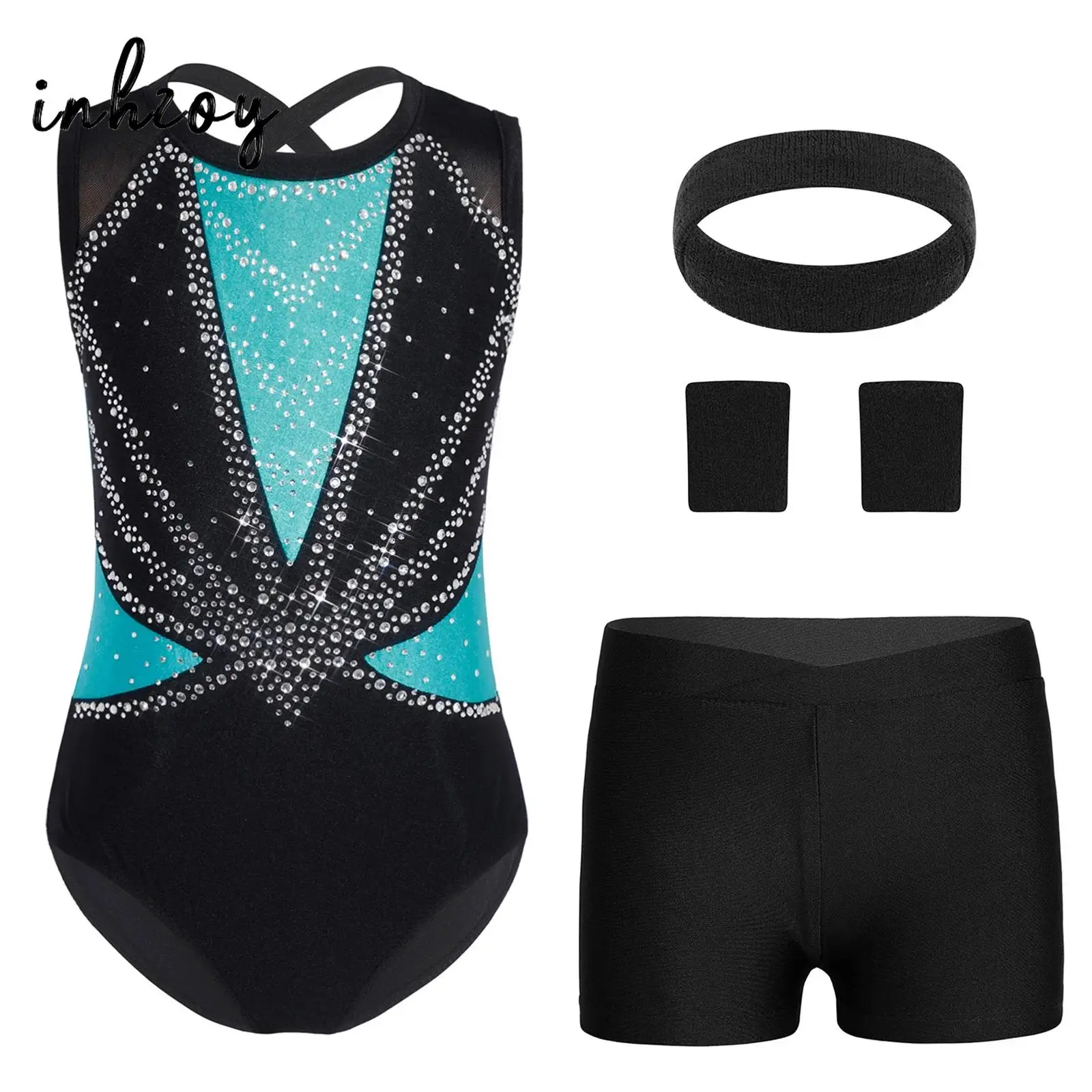 

Childrens Girls V-front Waistband Shorts Bottoms with Dance Gymnastics Workout Costume Leotard Sports Headband Wristbands