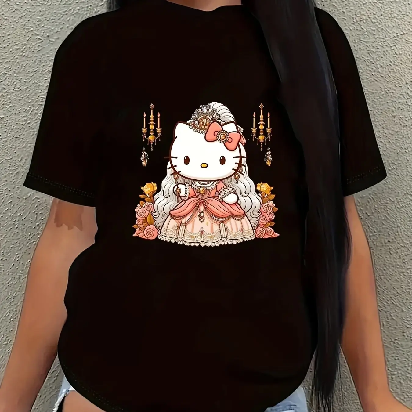 サンリオ レディース 通気性、柔らかさ、軽量 ラウンドネック 半袖 Tシャツ プラスサイズ 夏服 リラックスフィット スタイリッシュトップ