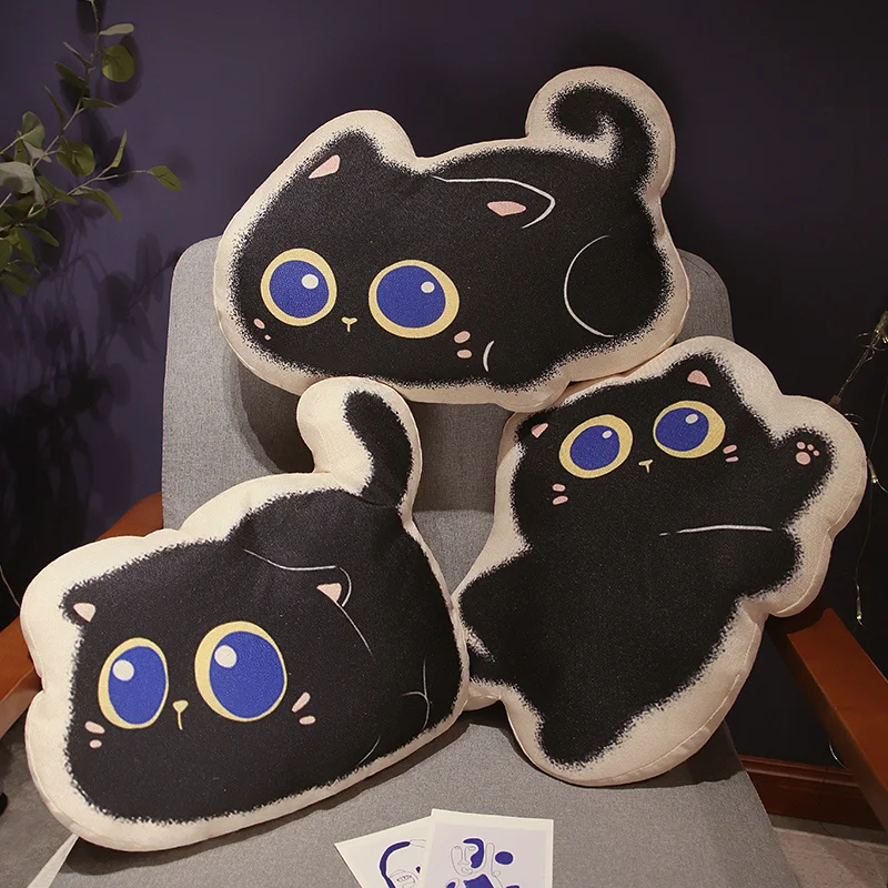 Coussin en peluche de chat noir de dessin animé mignon pour enfants, animaux en peluche d'anime, jouets doux, cadeaux d'anniversaire