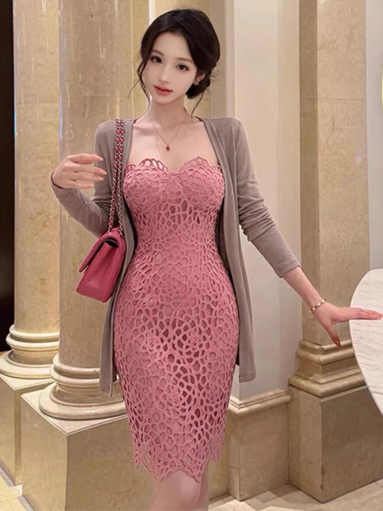 Sexy Lace Hollow out Hook Embroidery Belted Crop Top Dress Cardigan Outerwear Two Piece Set for Trendy Women Breathable Midwe...