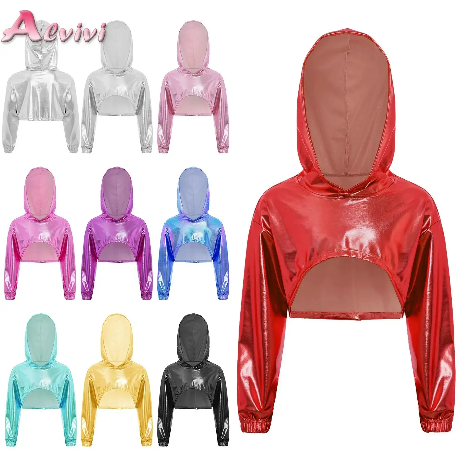 

Kids Girls Cropped Hooded Tops Shiny Metallic Jazz Dance Tank Top Stage Performance Dancewear Gymnastics Ballet Hoodie Tops