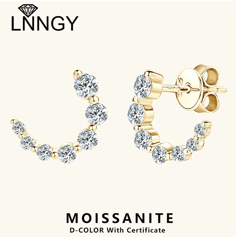 Lnngy Original 925 Sterling Silver Earrings C-shaped Single Row Moissanite Stud Earring For Women Girls Fashion Pierced Jewelry