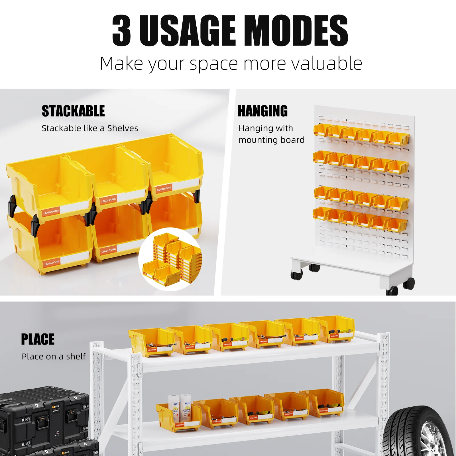 6/24 unidades 5 "x 4" x 3 "contenedores de armazenamento em camadas autônomos - recipientes de garagem empilháveis/pendurados para ferramentas e peças - organizador resistente