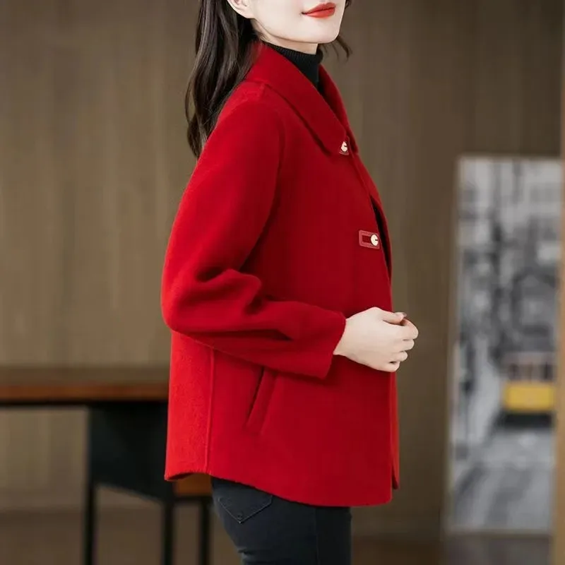 Double-Faced Velvet Solid Color Coat Short Slim Slim Spring Autumn Winter Mom Fashion  Coat Ladies Woolen Temperament  Overcoat