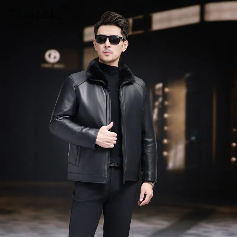 Tcyeek Sheepskin Real Leather Jacket Men Patchwork Mink Real Fur Coat Fashion Mens Coats Winter Clothes Black Chaqueta Hombre