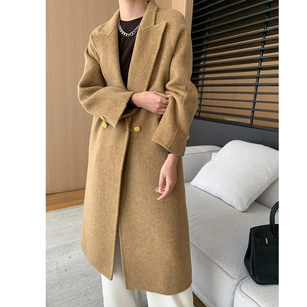 Women Autumn Winter Wolen Coats Turn Down Collar Design 69% Cashmere Long Wool Coat Veste Femme Tops