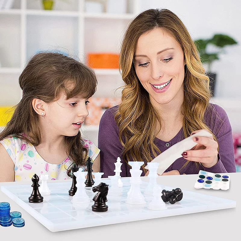 Endoto Chess Set with Checkers Board Silicone Resin Mold, Full Size 3D Chess Crystal Epoxy Casting Molds for DIY Art Crafts Mak