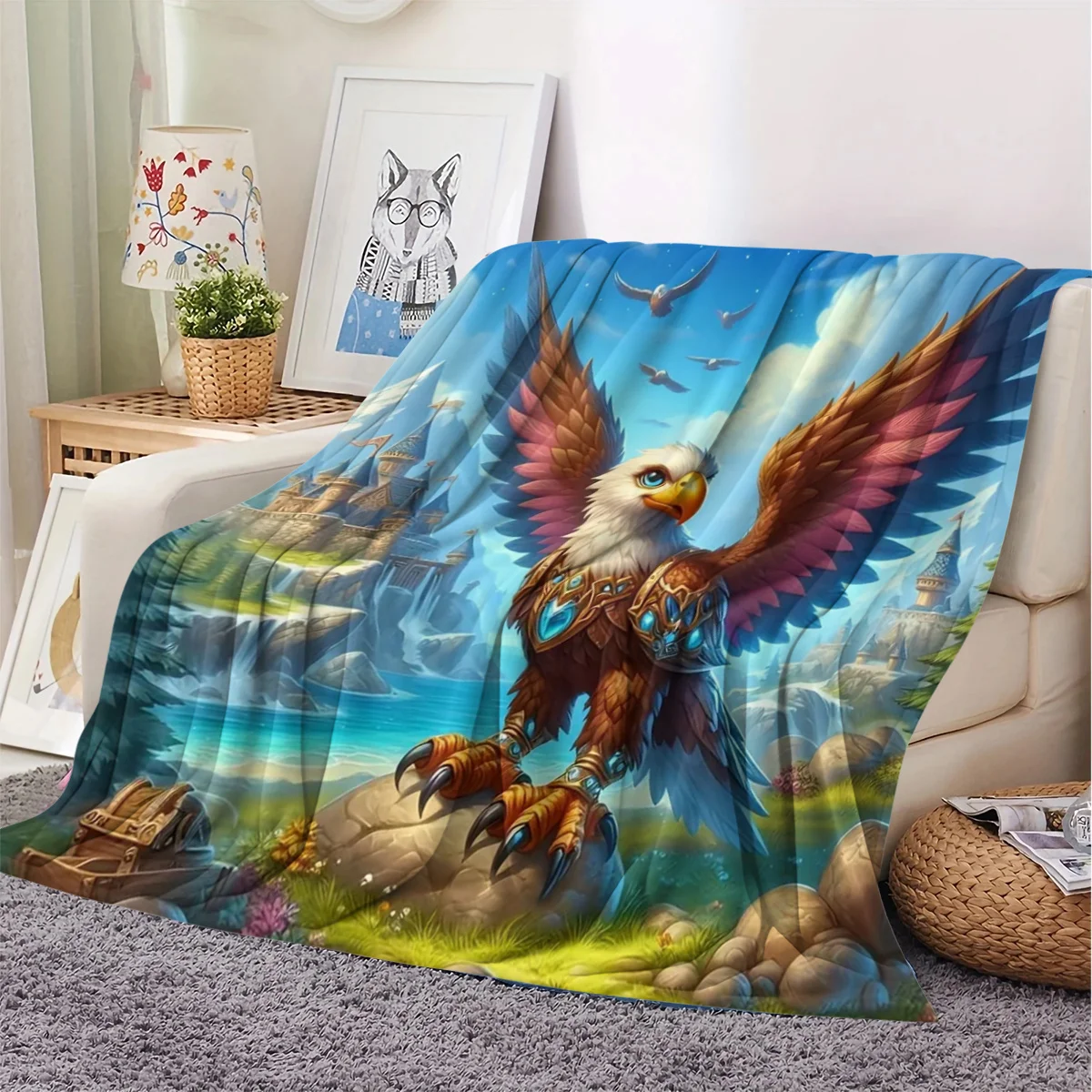 Magical Armored Griffin Fairytale Castle Mountain Lake Landscape Pattern Flannel Blanket Warm Cozy Printed Throw Blanket