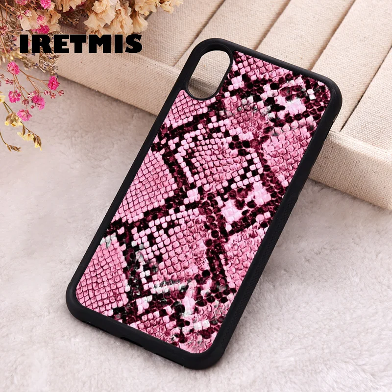 Iretmis Phone Cover Case For iPhone X XS Max XR 11 12 13 PRO MINI 14 15 16 Plus Rubber Silicone Pink Snakeskin Snake Skin