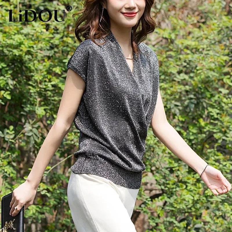 Summer New Bright Silk Shiny T-shirt Ladies V-neck Elegant Fashion All-match Top Women Loose Casual Pullover Tee Female Clothes