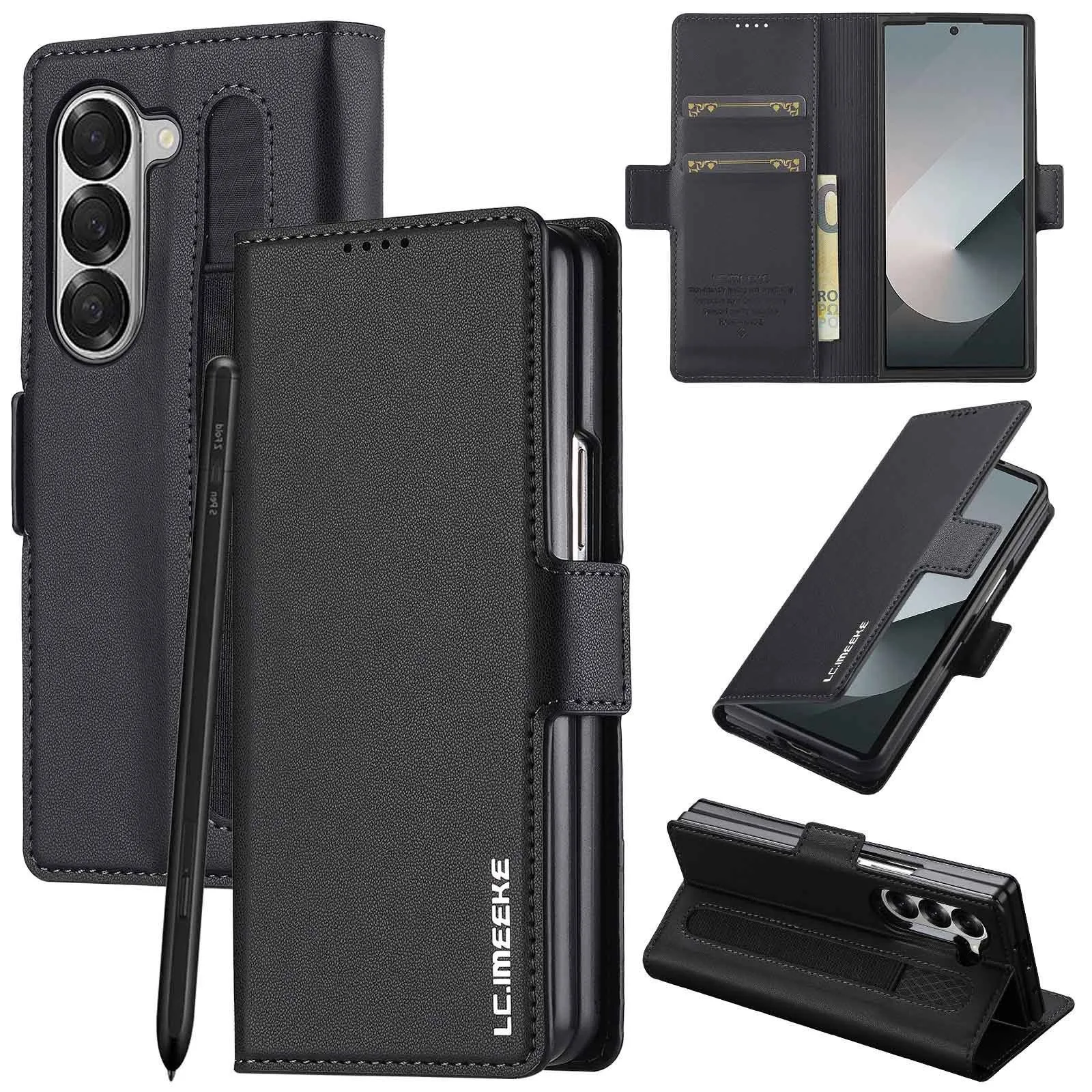 For Samsung Galaxy Z Fold 7 6 5 4 Case Luxury Skin Friendly Matte Leather Magnetic Buckle Card Bag Pen Slot Flip Cover Accessory