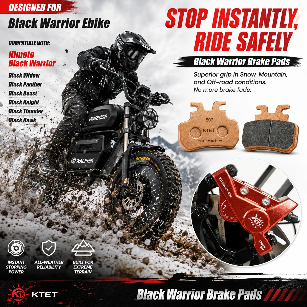 Black Warrior Brake Pads Semi-Metallic Stealth Black for Himoto Black Warrior OWAYEBIKE SK-1 Ultra