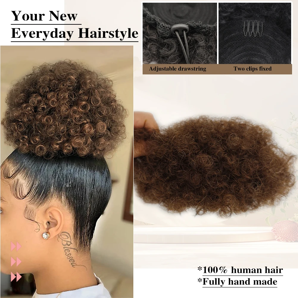 الأفرو نفخة غريب مجعد الشعر البشري ذيل حصان ملحقات المرأة السوداء الطبيعية قصيرة الرباط أوبدو لينة وسهلة الارتداء 4 # 99 ي #2