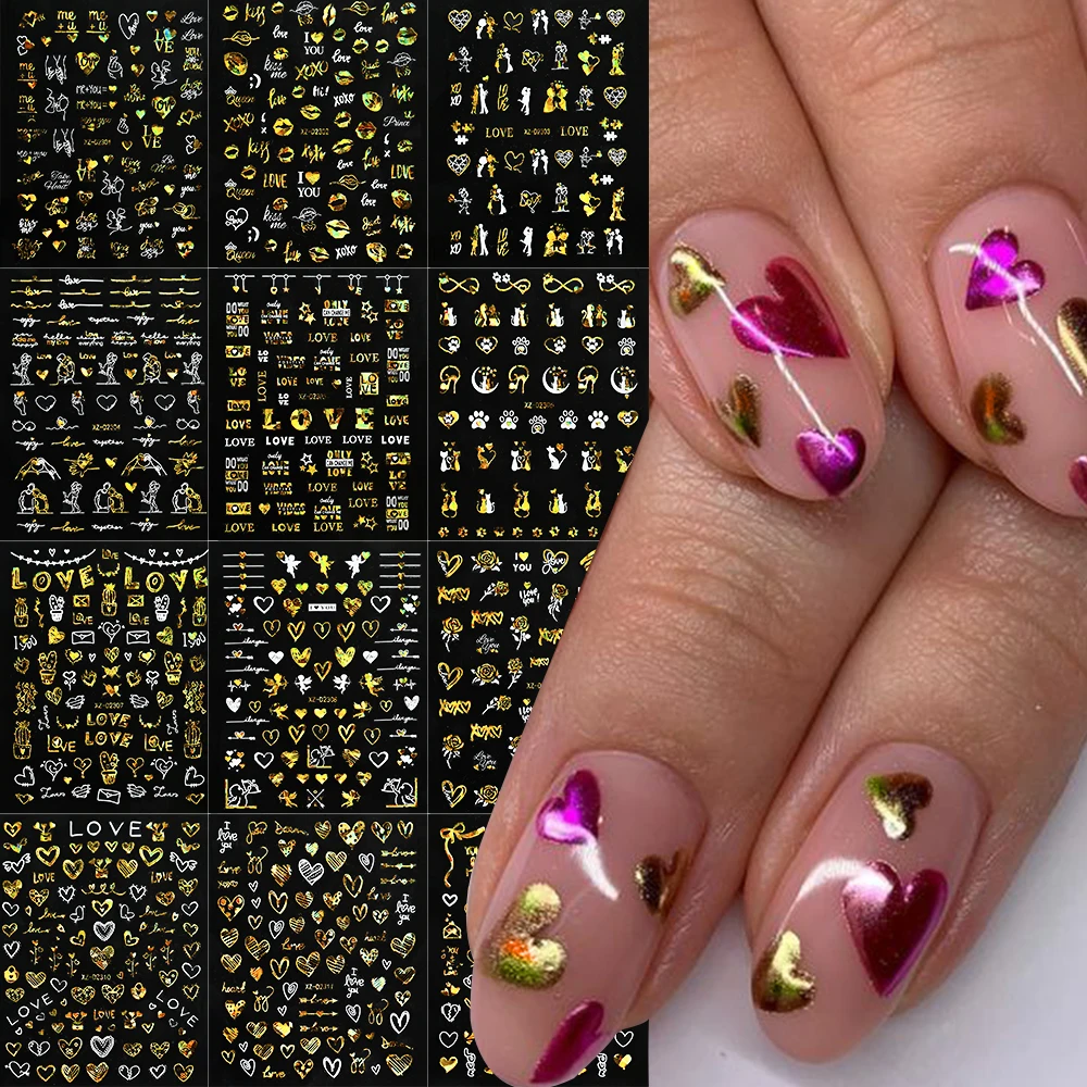 12/8/6/4Pcs 3D Gold Laser Heart Letter Nail Sticker Nail Art Decoration Flower/Love Heart/Lip Adhesive Decals Manicure Sliders