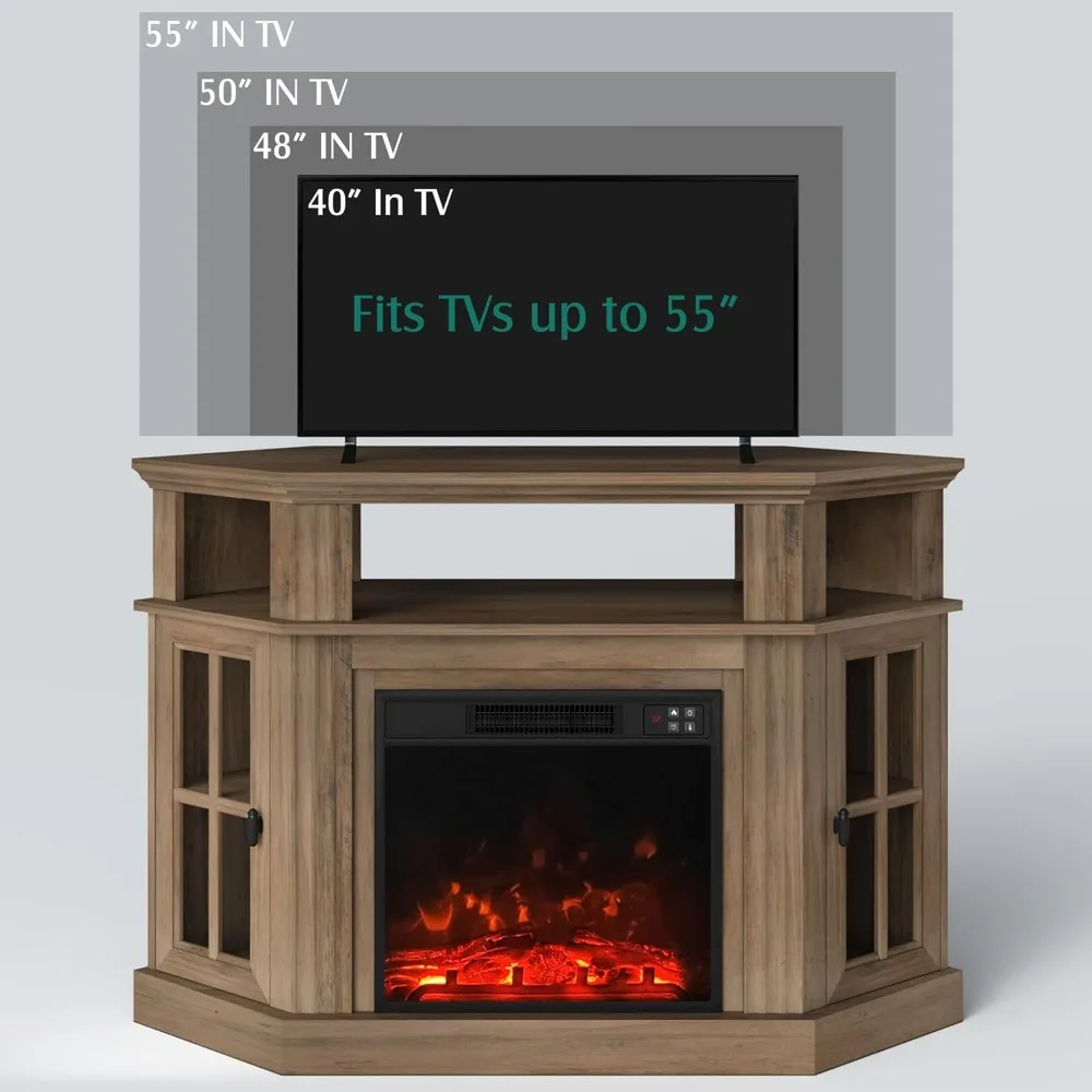 حامل تلفزيون بمدفأة زاوية مقاس 55 بوصة للتلفزيون حتى مع خزائن تخزين ومركز ترفيه ووحدة تحكم الوسائط لغرفة المعيشة