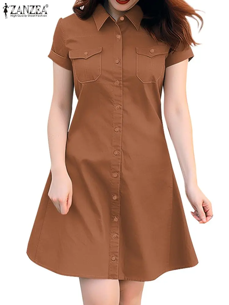 ZANZEA Turn-Down Collar Women A-line Vestidos Elegant Commute Short Sleeve Casual Robes Button Up Solid 2024 Summer Shirtdress