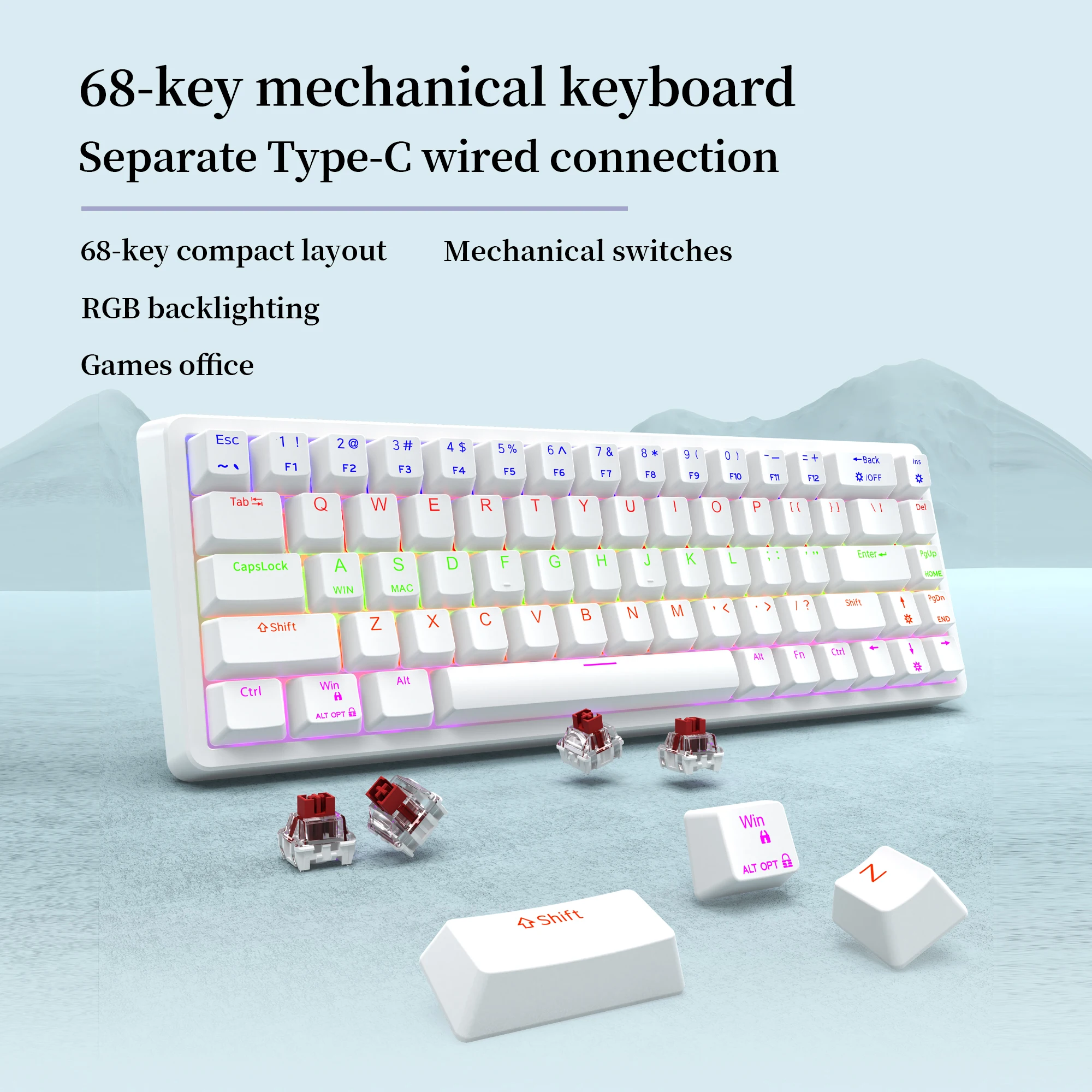 

Wired 68-key mechanical keyboard ergonomic RGB backlight LED red switch game keyboard, suitable for PC laptop office