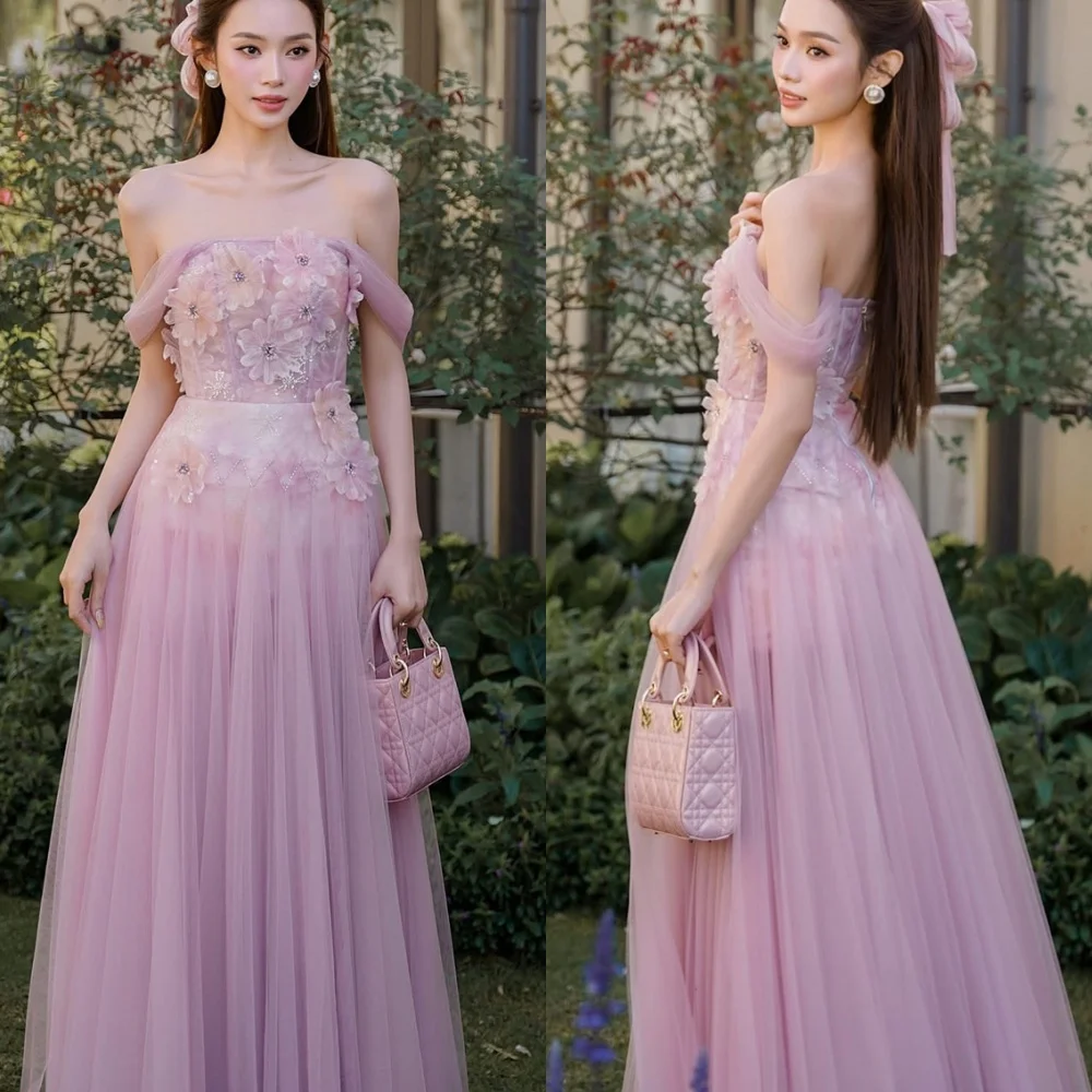 

Customized Exquisite Pink Tulle Celebrity Gowns High Quality Strapless Off the Shoulder Appliques Zipper Back Vestido De Noche