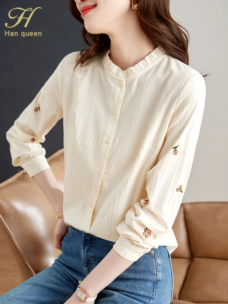 H Han Queen Autumn Blouses Flower Embroidery Vintage Tops Simple Elegant Chiffon Blouse Women Long Sleeve Casual Office Blusas