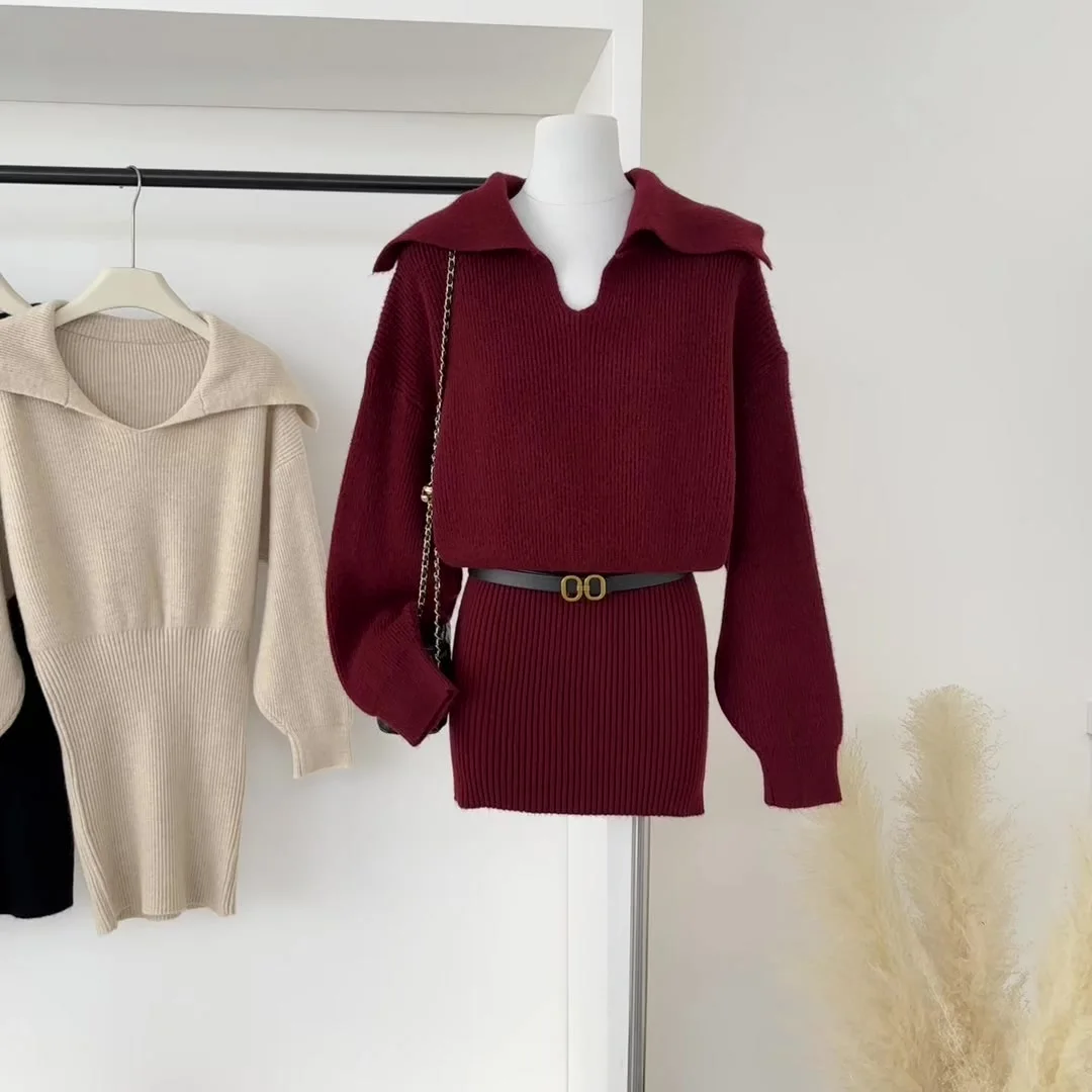 

Красное трикотажное платье в ленивом стиле, новинка 202, женское осенне-зимнее высококачественное рождественское шерстяное платье с длинными рукавами