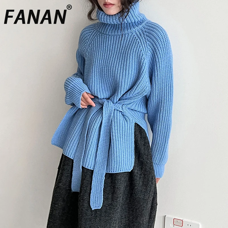 

FANAN Fashion Designer Pullover Knitting Sweater For Women Turtleneck Belt Gathered Waist Thick Warm Tops Female Winter New