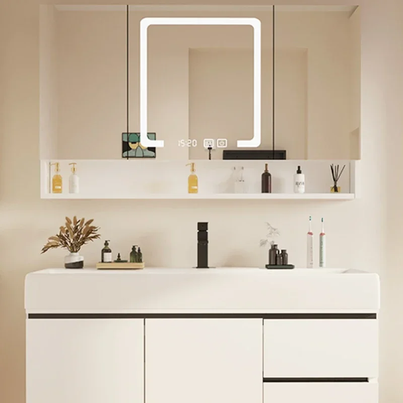 Space Saving Bathroom Cabinet Corner Sinks Salon Station Washbasin White Storage Shelf Locker Towel Mdf Mirror Luxury Armadietto