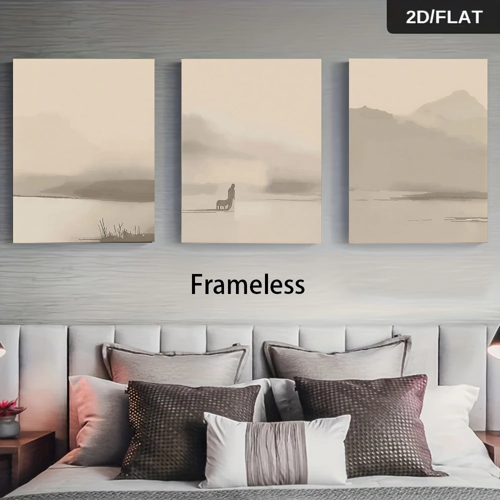One set of three frameless decorative paintings in the style of modern Chinese ink wash landscape, Zen-inspired scenery, 2D flat