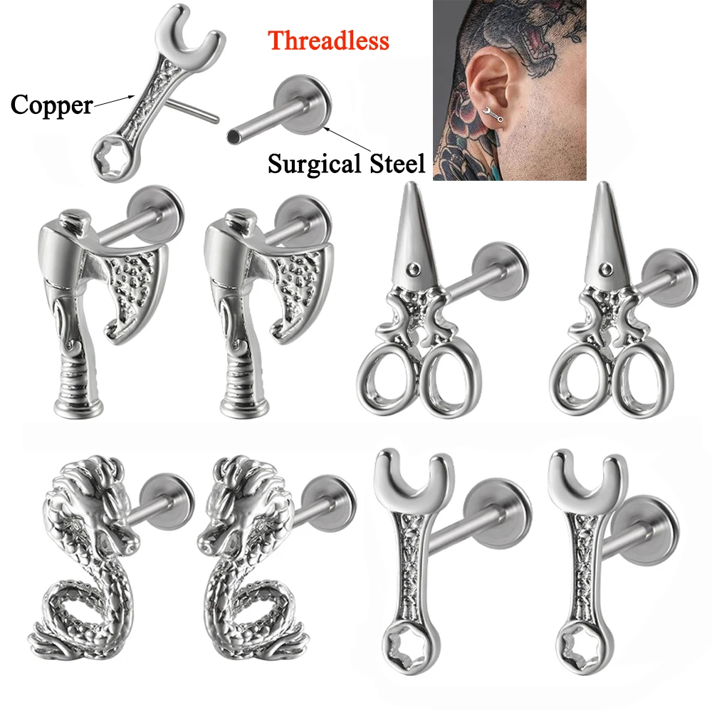 1 par de tachuelas Labret de llave para el trago de hélice sin rosca, Kit de dragón Punk Rock de Hip Hop para hombres, pendientes de diseño, joyería de Halloween