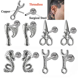 1Pair Push-in Threadless Helix Tragus Wrench Labret Studs Hip Hop Men Rock Punk Dragon Kit Design Earrings Halloween Jewelry