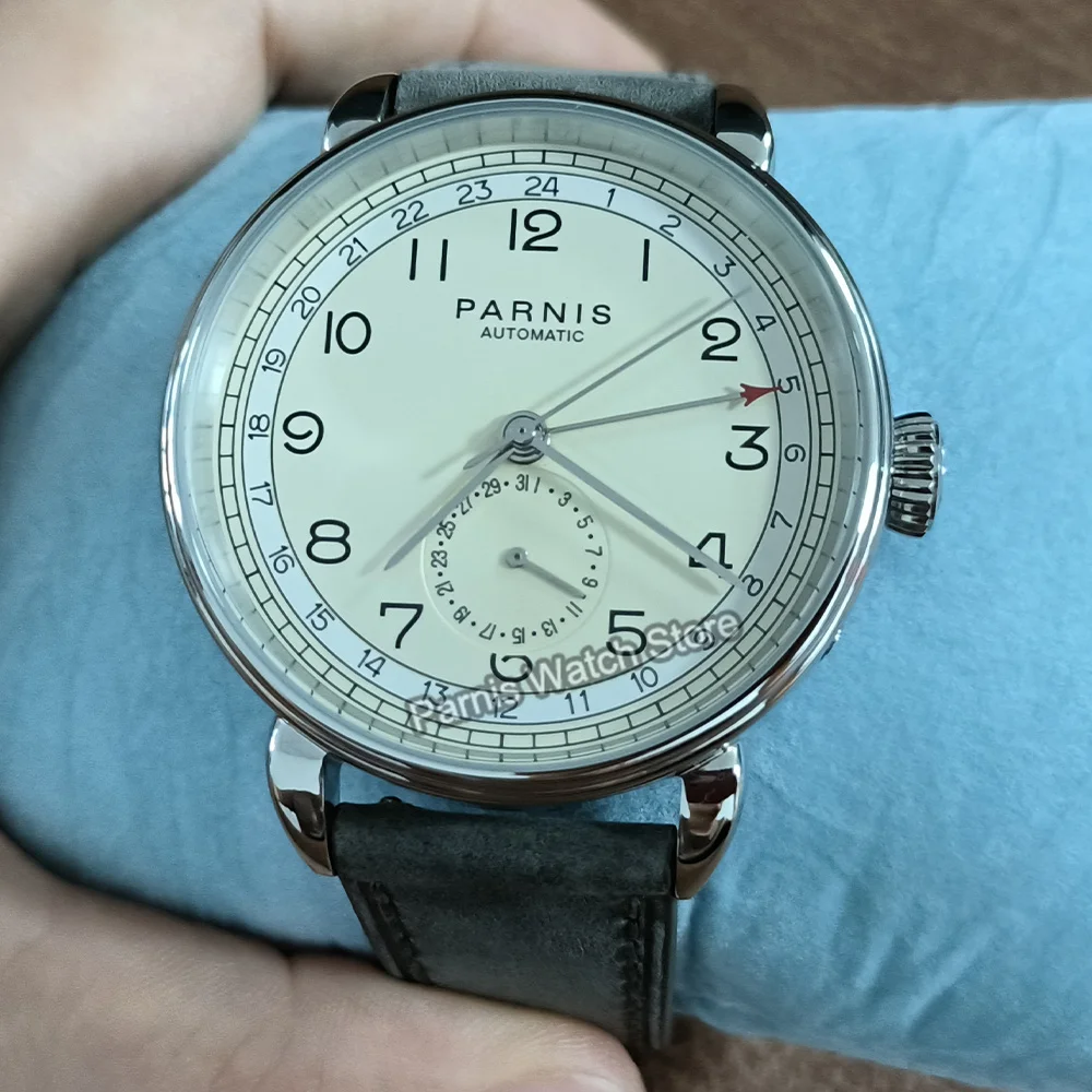 Parnis 42 mm GMT Caja plateada Marca árabe Ventana con fecha Correa de cuero Reloj mecánico automático para hombre