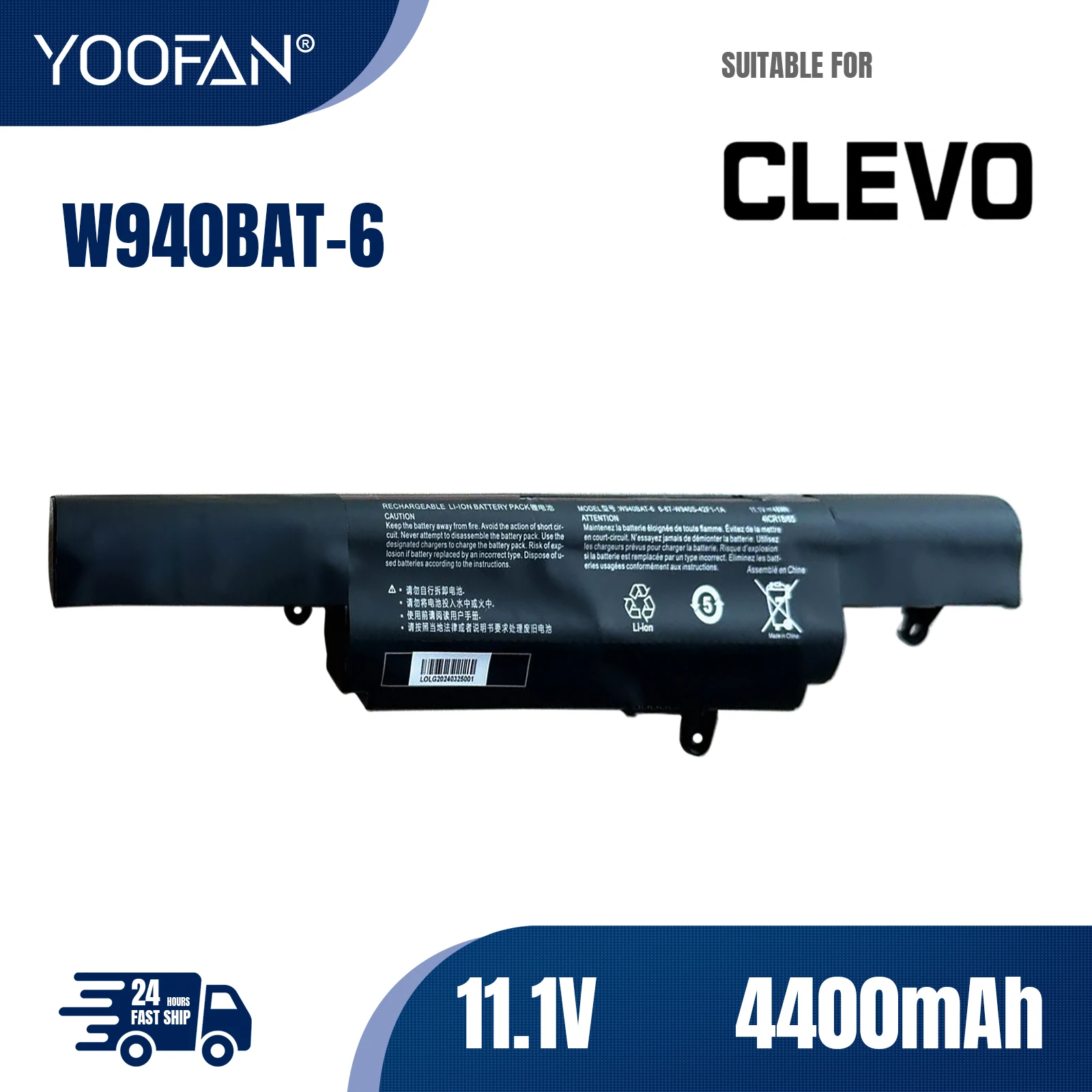 YOOFAN Batería de ordenador portátil, W940BAT-6 para Clevo W94LS Series 6-87-W940S, 11,1 V, 4400MAH