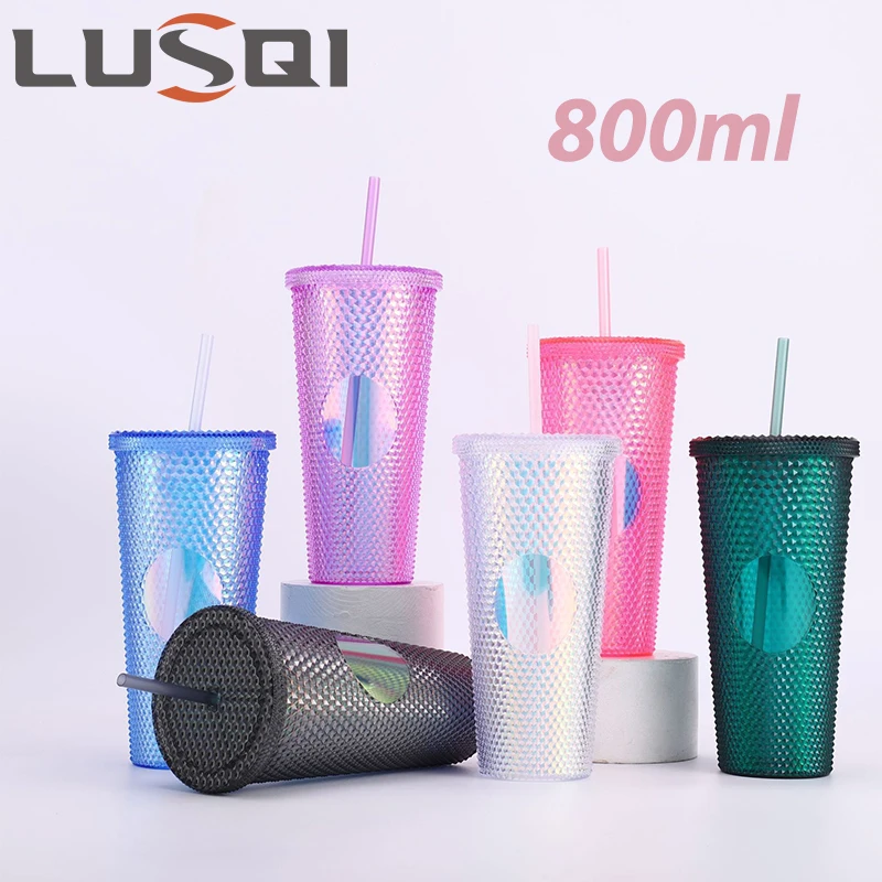 LUSQI Plastic Cup with Straw 800ml Large Capacity Reusable - Creative Durian Pattern Drinking Cup