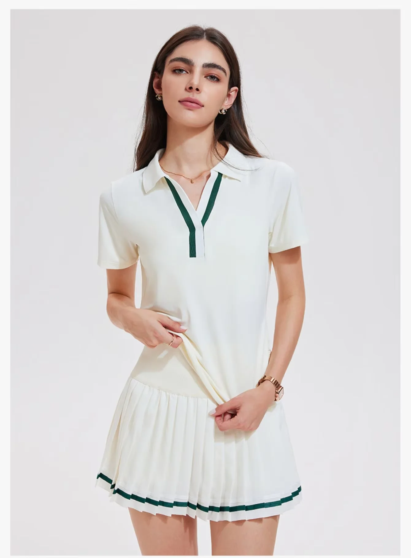 Women's Two-Piece Tennis Sports Suit, Polo Collar Short-Sleeved Top and Pleated Skirt Set, Acrylic Spandex Quick-Dry Golf Sportswear, Fitness Sports Set