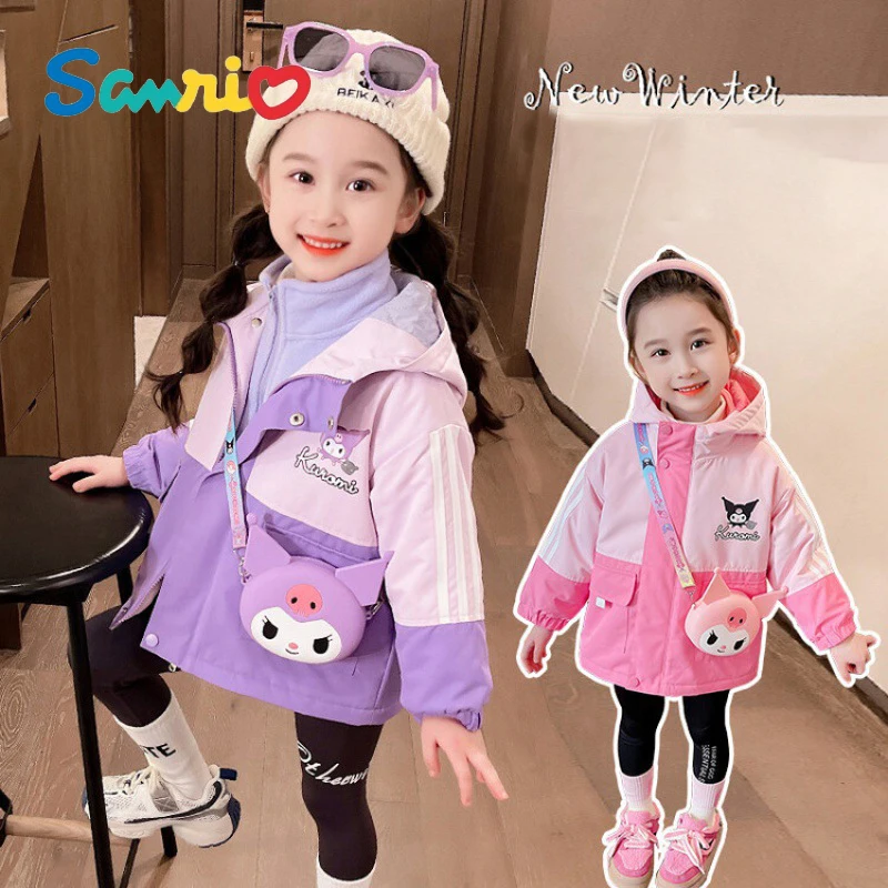 Sanrios Kuromi Anime Kawaii Girl Coats Autumn Winter Jackets Thickened Three-In-One Detachable Kids Snowsuit Baby Winter Clothes