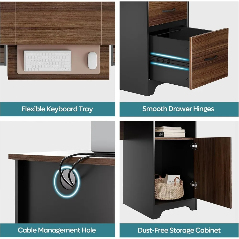 Executive 59 Desk with Storage Cabinet and File Drawer, Industrial Style Computer Desk with 2 Drawers and Keyboard Tray