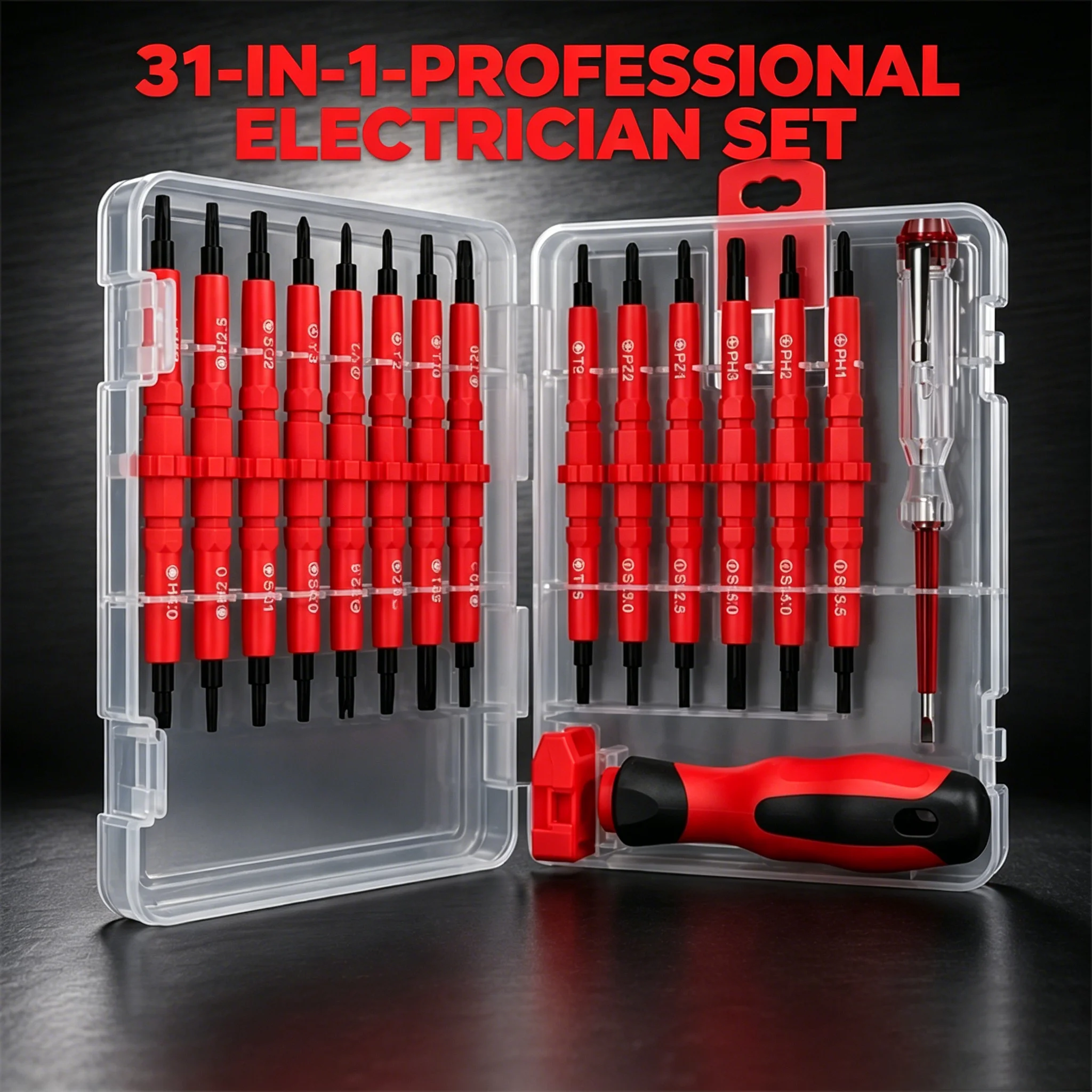 Kit de Destornilladores Aislados 31 en 1, con Clasificación de 220V, Puntas Intercambiables, Magnetizador/Desmagnetizador, con Estuche de Almacenamiento para Electricistas