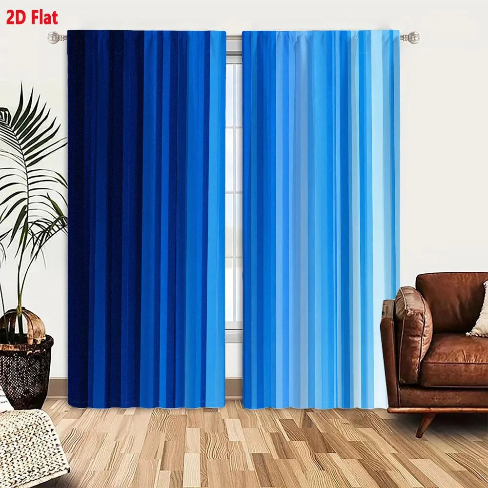 2Pcs Curtains Abstract Digital Artwork Featuring Blue Vertical Stripes With Gradient From Navy To Sky Blue Window Drapes for Bed