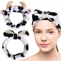 Headband Soft Fluffy Cow Headband for Women Spa Makeup Hair Band Adjustable Elastic Skincare Head Wrap for Girls Cute for Spa