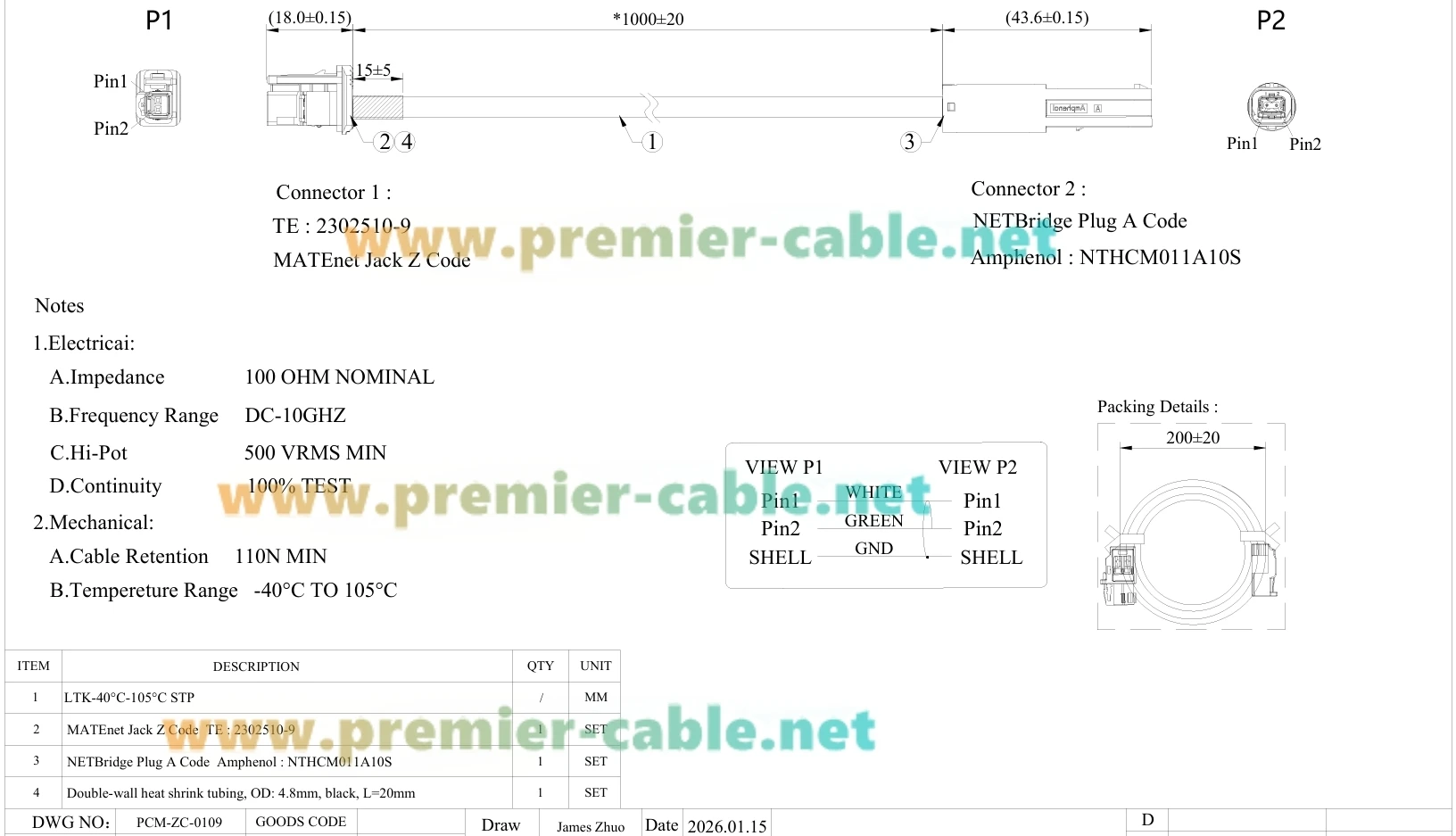 Amphenol NETBridge Buchse auf TE MATEnet Stecker Automobil-Ethernet-Kabel NTHCF011A10S zu 2302461-9 100/1000BASE-T1 für ADAS, ECU – Detail 1
