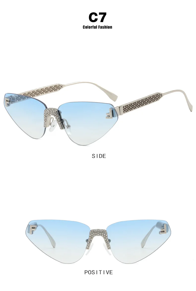 Frauen Sexy Cat Eye Randlose Strass Sonnenbrille Luxus Marke Designer Retro Punk Metall Sonnenbrille männer UV400 Fahren Gläser – Detail 13