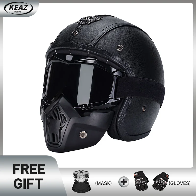 KEAZ Classic Open Face Retro Leather Helmet Genuine Cowhide Motorcycle Cap with Goggles Dust Mask Commuting and Touring