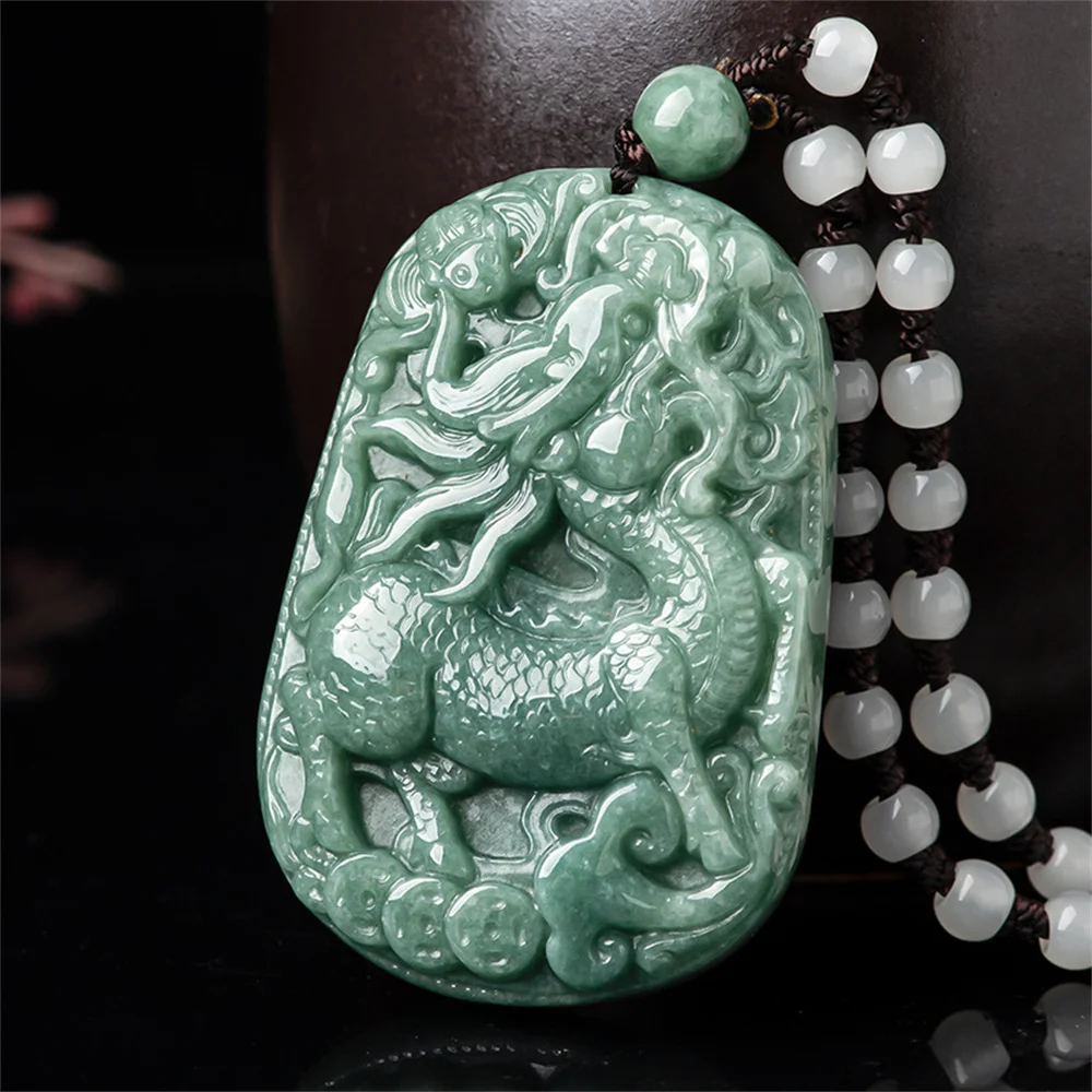 

Retro Natural Green Jadeite Carved Chinese Coin Kylin Lucky Pendant Amulet Necklace Certificate Luxury Jade Vintage Gift Jewelry