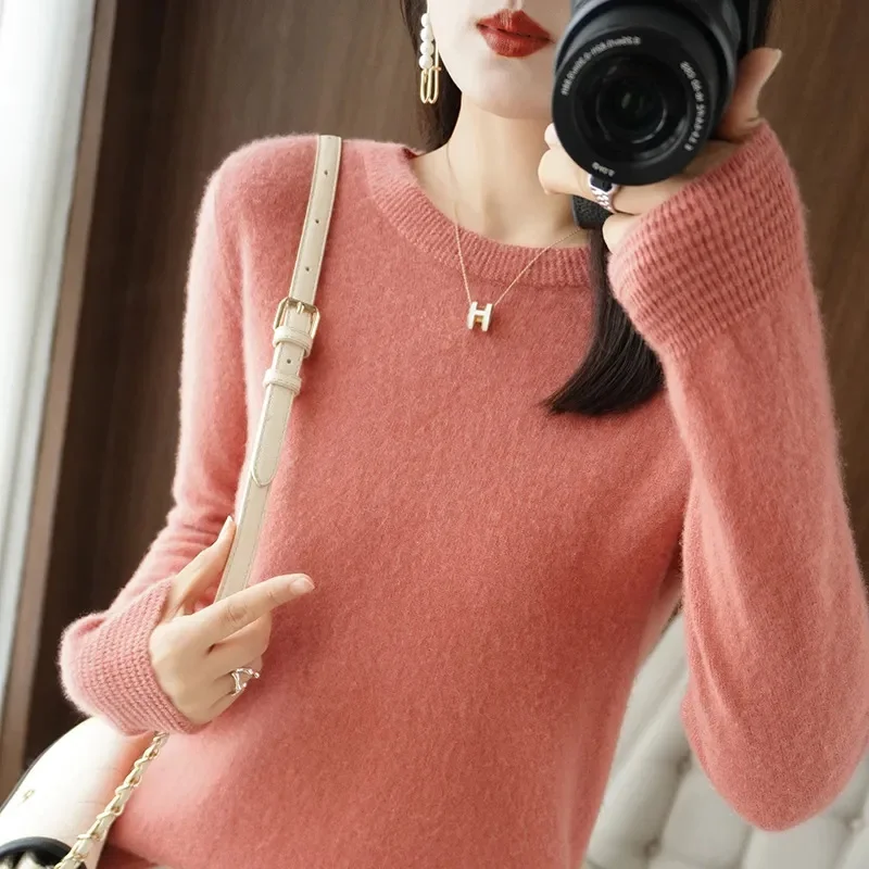 100% ميرينو الصوف محبوك سترة الخريف/الشتاء 2025 جديد المرأة الجولة الرقبة الجوف أعلى 11 لون البلوز معطف متعدد الاستخدامات