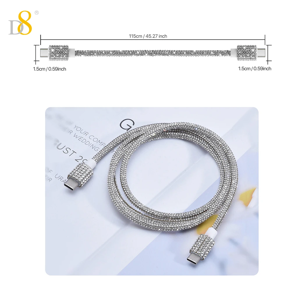 D8 60W USB C to USB C Cable Fast Charging,  Crystal Decoration,Diamond Shine, Compatible with iPhone 15/Pro/Plus/Pro Max, MacBoo