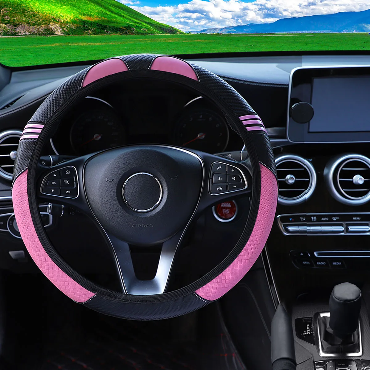3 Sets Kleine Monster Carbonfaser-Leder-Auto-Lenkradabdeckung ohne Innenring, Handbremsenabdeckung, Autozubehör – Detail 8