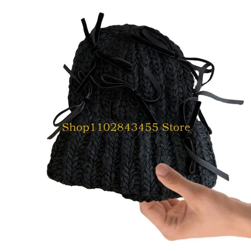 49MC Delicate Velvet Bowknot Beanie Adult Elastic Hat Winter Warmer Knitted Hat Cold Winter Presents for Students Teenagers