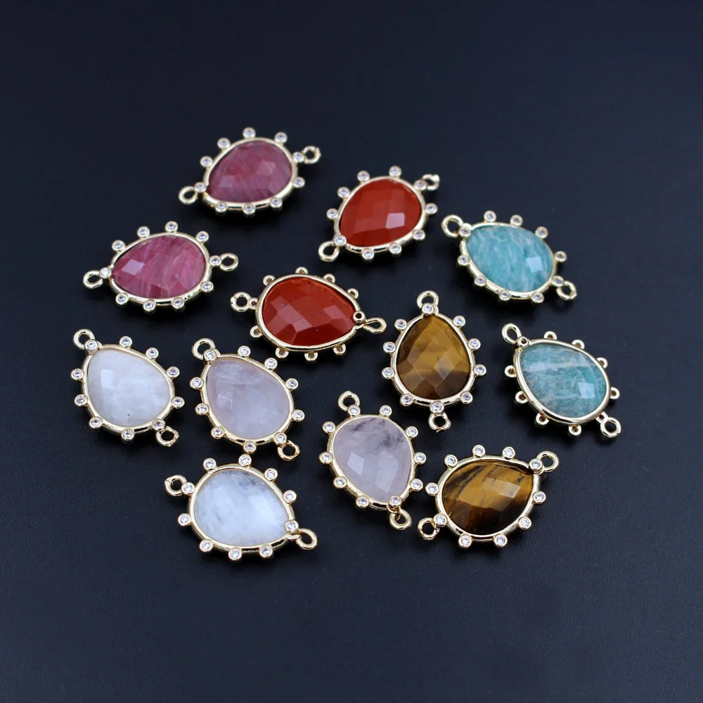 10pcs CZ Paved Blue Amazonite Stone Teardrop Pendant Rose Quartz 2 Loops Connector Charms Jewelry Accessories Findings DIY